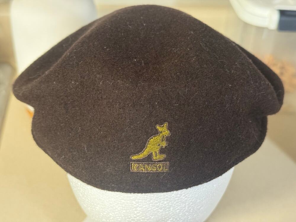 Kangol Wool Beanie Hat Medium Brown Made In USA 100% Pure New Wool Kangaroo Logo
